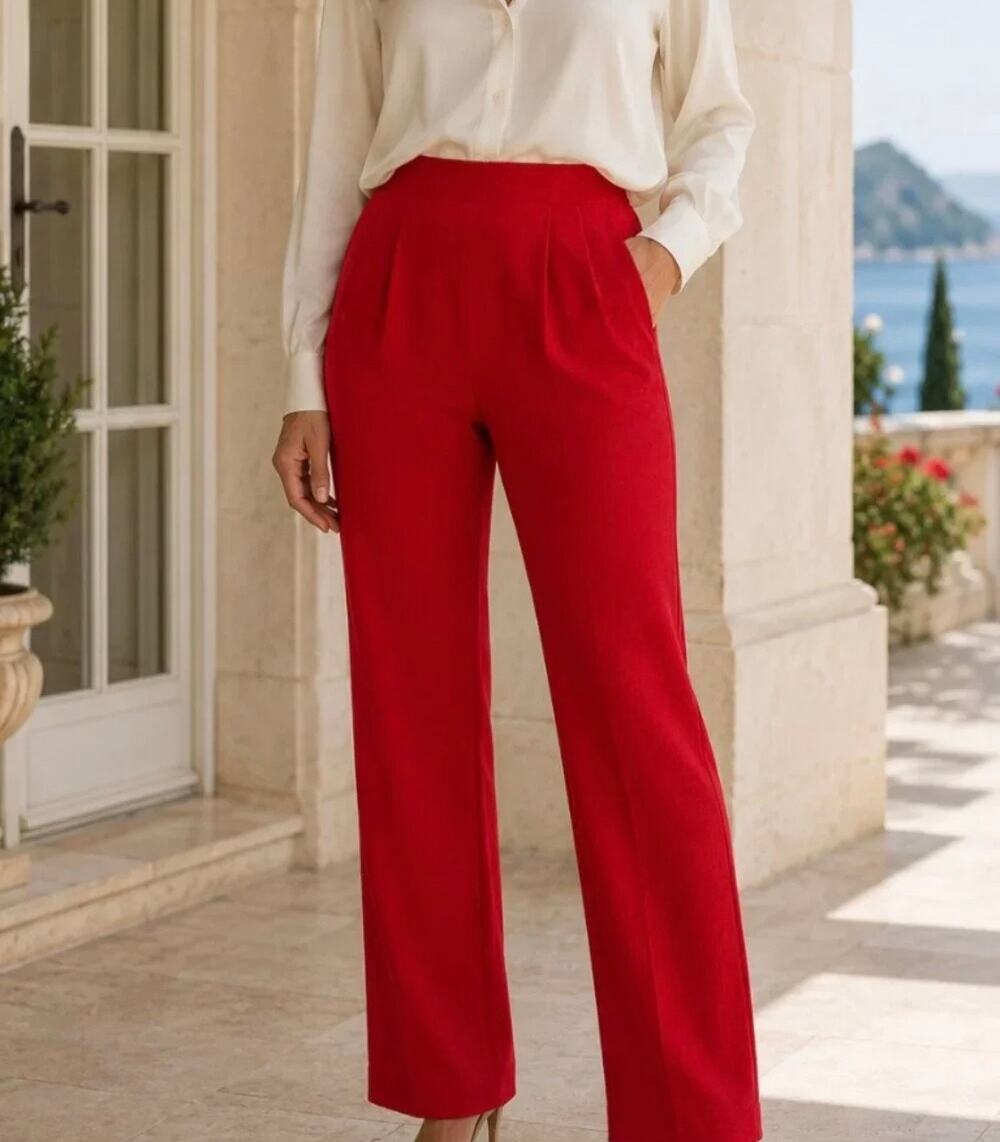 St John Collection Red Knit Pants Pull On Pleat Front High Rise Wool Blend 2